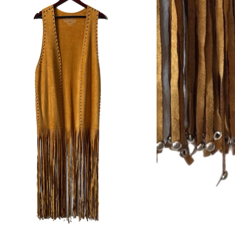 CRAZY TRAIN Maxi Length Studded Faux Suede Vest Long Fringe Festival Boho Sz OS